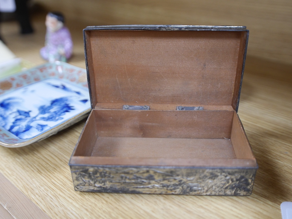 A group of Chinese and Japanese items to include silvered dragon box, hand mirror and square dish. Condition - varies